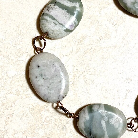 2/$20, Green Flower Agate Boho Bracelet, Large Genuine Gemstone + Copper Links - Picture 4 of 14